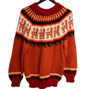 Fair Isle Llama Hand Knit Sweater Red Orange size M/L